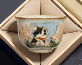 Handmålad kattsakekopp | Espressokopp i keramik i japansk stil (presentask ingår) | Fars dag