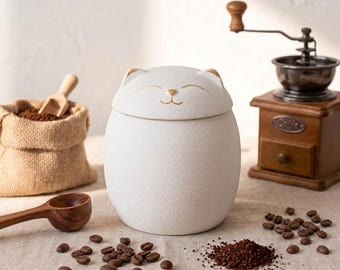 Ceramic Cat Coffee Canister | Cat Treat Container | Kawaii Storage Jar | Minimalist Kitchen Decor