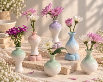 Snurrande knoppvas i kristallglasyr, handgjord miniblomvas i keramik, roterande vas med en enda stjälk, välj din vas och bas, skrivbordsdekoration i present