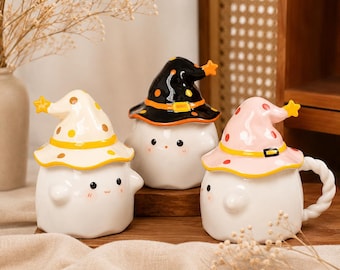 Söt Halloween-spökmugg, handgjord keramisk spökkaffekopp, häxhattmugg, pumpa-spöketekopp, Halloweenpresent