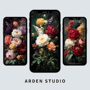 Conjunto de fondos de pantalla florales oscuros para teléfono, fondo de pantalla estético de peonía vintage para iPhone, pantalla de bloqueo de Android con flores pintadas al óleo, descarga digital.