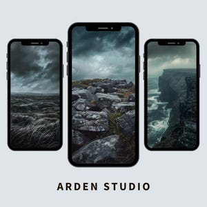 May include: Three black smartphones displaying dramatic landscape images of stormy skies, rocky terrain, and coastal cliffs. The screens feature shades of gray and green. The text "ARDEN STUDIO" is at the bottom.