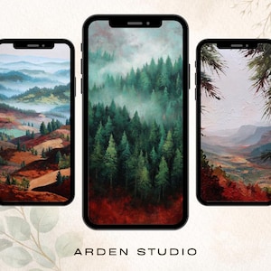 May include: Three smartphones displaying landscape art. The screens feature paintings of mountain ranges, forests, and valleys in various color palettes. The text "ARDEN STUDIO" is at the bottom. The art style is reminiscent of oil paintings.