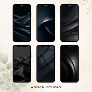 May include: Six smartphones with black screens showcasing dark abstract wallpapers. The wallpapers depict flowing fabric, geometric shapes, and desert scenes. The text "ARDEN STUDIO" is visible at the bottom of the image.