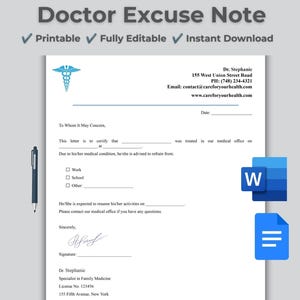 Puede incluir: Una plantilla imprimible de justificante médico con un símbolo de caduceo azul, datos de contacto de la consulta médica y líneas en blanco para el paciente. El documento incluye casillas de verificación e iconos de Microsoft Word y Google Docs.