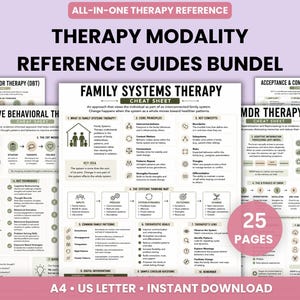 Peut inclure: Un ensemble de 25 pages de guides de référence sur les thérapies, incluant des fiches pratiques pour la thérapie systémique familiale, TCC, TCD, ACT et EMDR, disponibles aux formats A4 et US Letter pour une consultation rapide.