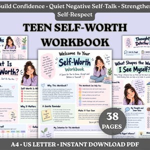 以下が含まれることがあります： 「Teen Self-Worth Workbook」と題された38ページのデジタルワークブック。自信と自尊心を高めるための演習が含まれています。各ページには「My Strengths」、「Thought Detective」、「What Shapes the Way I See Myself」などのセクションがあります。