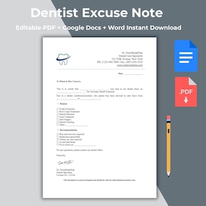 Może przedstawiać: Szablon zwolnienia lekarskiego od dentysty z logo zęba, edytowalny w PDF, Dokumentach Google i Wordzie. Zawiera niebieską ikonę dokumentu, czerwoną ikonę PDF i żółty ołówek na szarym tle.