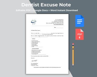 Editable Dentist Excuse Note Template | Work, School Absence ( Word Google Docs PDF)