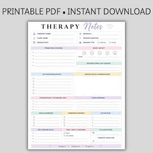 May include: A printable therapy notes document featuring sections for therapist name, client name, session details, presenting concerns, mood icons, key discussion points, session notes, interventions, client response, goals, homework, and safety concerns.