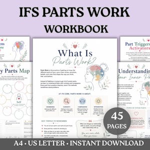 Puede incluir: El libro de ejercicios IFS Parts Work es un documento digital de 45 páginas con contenido educativo, diagramas y ejercicios. Cada página incluye una ilustración lineal de un perfil humano con un cerebro de piezas de rompecabezas de colores.