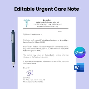Editable Urgent Care Doctor Note Template | Medical Excuse Note | Printable PDF (Canva, MS Word)