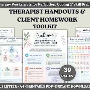 Może przedstawiać: Zbiór 39 arkuszy terapeutycznych i zadań domowych dla klientów do druku. Dokumenty zawierają tytuły takie jak Weekly Therapy Check-In, Thoughts, Feelings & Behaviors Connection oraz Emotion Intensity Scale, z pastelowymi akcentami i botanicznymi ilustracjami.