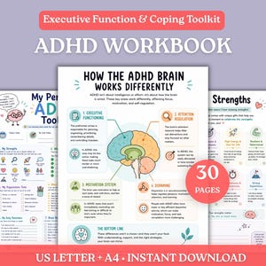 Può includere: Un quaderno di esercizi ADHD Executive Function & Coping Toolkit con tre pagine contenenti illustrazioni colorate, diagrammi del cervello e sezioni di testo intitolate How the ADHD Brain Works Differently, My Personal ADHD Toolkit e Strengths, con un badge da 30 pagine.