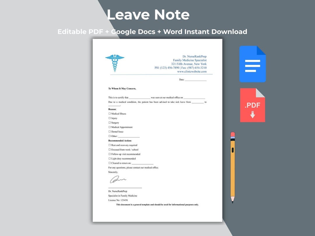 Editable Sick Leave Note Template | Medical Excuse Letter (word, PDF ...