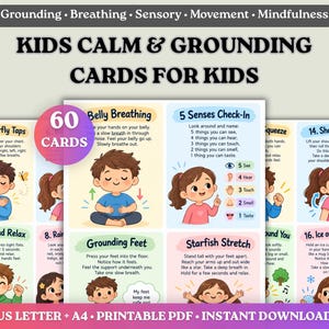 Puede incluir: Un conjunto de 60 tarjetas imprimibles de calma y conexión a tierra para niños con ilustraciones coloridas e instrucciones de texto para actividades como respiración abdominal, toques de mariposa y estiramientos de estrella.