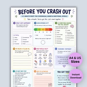 May include: A printable mental health worksheet titled BEFORE YOU CRASH OUT, featuring eight numbered sections with prompts for emotional regulation, including a 1-5 intensity scale, checkboxes for feelings, and coping strategies. Includes A4 & US sizes text.