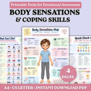 May include: A set of four printable educational pages titled Body Sensations & Coping Skills. The documents feature a central illustration of a person, various charts, checklists, and icons related to emotional awareness, body sensations, and coping strategies.