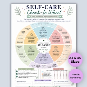 May include: A Self-Care Check-In Wheel chart featuring a central circle divided into six pastel-coloured segments representing physical, emotional, social, intellectual, spiritual, and environmental self-care, with reflection and rating sections below.