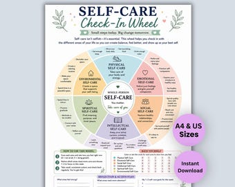 Rueda de autocuidado, hoja de trabajo de bienestar, guía de salud mental (descarga digital)