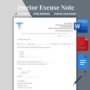 Plantilla editable de justificante médico / Carta de excusa médica (PDF, Word, Google Docs)