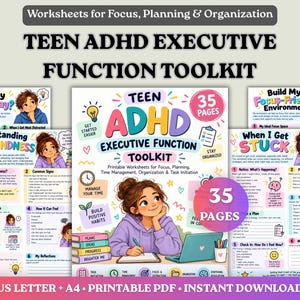 Könnte beinhalten: Ein digitales Toolkit mit dem Titel Teen ADHD Executive Function Toolkit mit 35 druckbaren Seiten für Fokus, Planung und Organisation. Das Cover zeigt eine Person, die neben einem Laptop in ein Notizbuch schreibt, umgeben von bunten Symbolen.