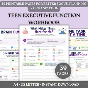 May include: A printable workbook titled Teen Executive Function Workbook with 39 pages for focus and planning. The pages feature colorful icons, checklists, and prompts like Brain Dump, 5-Minute Start, and What Makes Things Hard for Me in English.