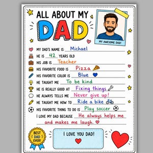 Pode incluir: Um questionário imprimível All About My Dad com uma ilustração de desenho animado de um homem, texto colorido e linhas para preencher. A folha inclui ícones como um bolo, uma pasta, uma pizza e uma bola de futebol.