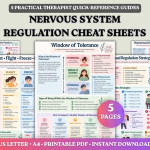 May include: A set of 5 practical therapist quick-reference guides titled Nervous System Regulation Cheat Sheets. The pages feature educational diagrams, text, and illustrations explaining the Window of Tolerance, fight, flight, and freeze responses.