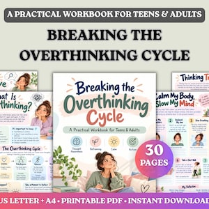 Può includere: Un quaderno di esercizi digitale intitolato Breaking the Overthinking Cycle: A Practical Workbook for Teens & Adults. La copertina mostra una persona che legge, circondata da pagine che descrivono esercizi di pensiero e tecniche di calma.