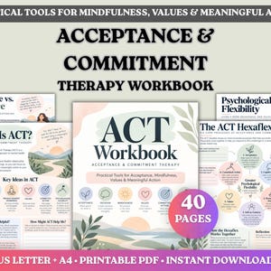 Cuaderno de trabajo de Terapia de Aceptación y Compromiso (ACT) Recurso de Terapia para Adultos Conciencia Emocional Salud Mental Hojas de trabajo digitales imprimibles