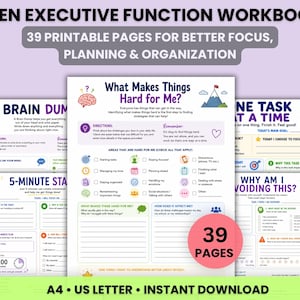 Op de afbeelding: Een printbaar werkboek getiteld Teen Executive Function Workbook met 39 pagina's voor focus, planning en organisatie. De pagina's bevatten koppen zoals What Makes Things Hard for Me, Brain Dump en 5-Minute Start, met selectievakjes, iconen en schrijfopdrachten.