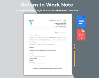 Modello di certificato medico per il rientro al lavoro, lettera di giustificazione medica modificabile (Word, Google Docs)