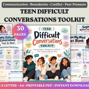 以下が含まれることがあります： 10代の難しい会話のための印刷可能なPDFツールキット。コミュニケーション、境界線、対立解決に関する30ページで構成されています。表紙には4人のイラストの10代の若者とタイトルが描かれ、周囲には情報ページが配置されています。