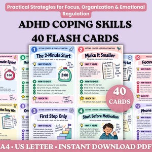May include: A set of 40 ADHD coping skills flash cards featuring pastel-coloured designs with text headers like The 2-Minute Start, Make It Smaller, and Focus Sprint. The cards include sections for Why It Helps, How To Do It, and Quick Tips.
