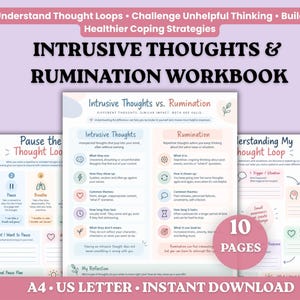 Puede incluir: Un libro de ejercicios digital titulado Intrusive Thoughts & Rumination Workbook con tres páginas que contienen gráficos, texto e iconos en tonos pastel. Las páginas incluyen secciones para comprender los bucles de pensamiento y reflexión.