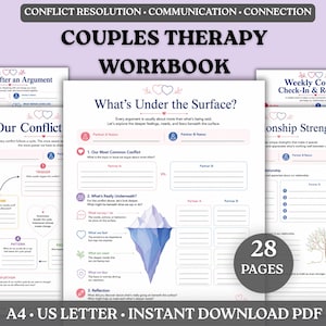 Puede incluir: Un libro de ejercicios de terapia de pareja de 28 páginas, con hojas imprimibles tituladas What's Under the Surface, Our Conflict y Relationship Strengths. Las páginas incluyen texto, líneas para escribir y un gráfico de iceberg azul y blanco.