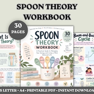 Könnte beinhalten: Ein Spoon Theory Arbeitsbuch als druckbares PDF mit drei Seiten zur Energieverwaltung. Das Titelblatt zeigt eine Tasse mit fünf bunten Löffeln, einen Stapel Bücher und den Text My Energy Matters sowie weitere Hinweise.
