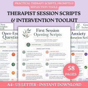 May include: A digital therapy resource set titled Therapist Session Scripts & Intervention Toolkit, featuring 58 pages of printable documents including First Session Opening Scripts, Open-Ended Questions, and Grounding Technique Scripts in A4 and US Letter sizes.