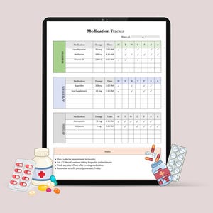 Bewerkbaar medicatietrackerlogboek | Wekelijks pilinnameblad (pdf)