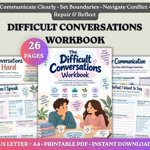 Puede incluir: Un cuaderno de trabajo de 26 páginas titulado Difficult Conversations Workbook, con una portada que ilustra a dos personas conversando, texto sobre estrategias prácticas y varias páginas interiores con listas y plantas.