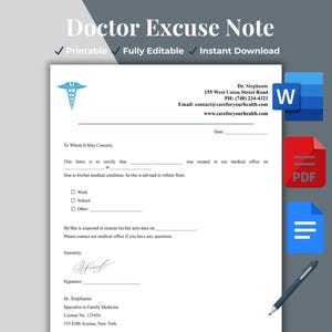 May include: A printable doctor's excuse note template with the text "Doctor Excuse Note". The document includes fields for patient information, medical condition, and expected return date. Icons for Word, PDF, and a pen are visible.