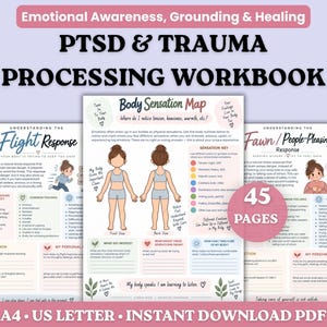以下が含まれることがあります： PTSDおよびトラウマ処理のための45ページのワークブック。感情の認識、グラウンディング、癒しに関する教育コンテンツが含まれています。身体感覚マップや、逃避反応および迎合反応に関するガイドが記載されたページで構成されています。