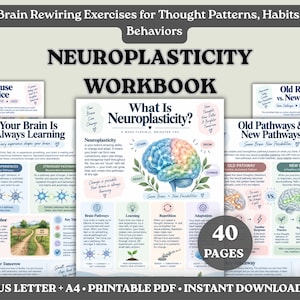 May include: A 40-page neuroplasticity workbook featuring educational worksheets on brain rewiring, thought patterns, and habits. The pages include diagrams of the brain, text explaining neural pathways, and exercises titled The Pause Practice.