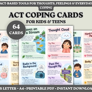 Puede incluir: Un conjunto de 64 tarjetas de afrontamiento ACT para niños y adolescentes con ilustraciones coloridas e instrucciones de texto para ejercicios de atención plena. Las tarjetas incluyen títulos como Name the Thought y Thought Cloud.