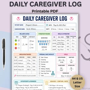 Seniors Caregiver Daily Log, Eldercare Caregiver, Care giver Page for taking Notes