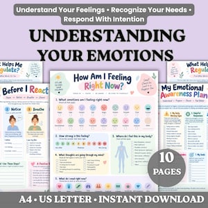 May include: A set of ten printable worksheets titled Understanding Your Emotions, featuring charts for emotional regulation, body awareness, and coping strategies. The pages include checklists, scales, and illustrations in pastel colors with A4 and US Letter sizes.