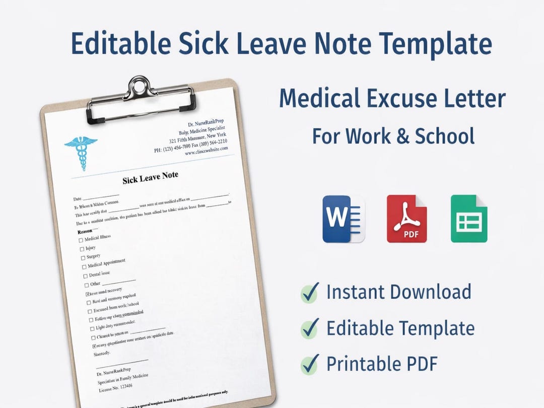 Editable Sick Leave Note Template, Medical Excuse Letter (word, PDF ...