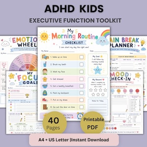 May include: A collection of printable ADHD executive function toolkit pages including a My Morning Routine checklist, Emotion Wheel, My Focus Goals, Brain Break Planner, and Mood Check-in. The documents feature colourful illustrations and text.