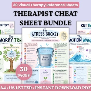 May include: A bundle of 30 visual therapy reference sheets in PDF format, including pages titled The Stress Bucket, The Worry Tree, The Burnout Battery, The CBT Thought Cycle, and The Emotion Wave, featuring educational diagrams and text.
